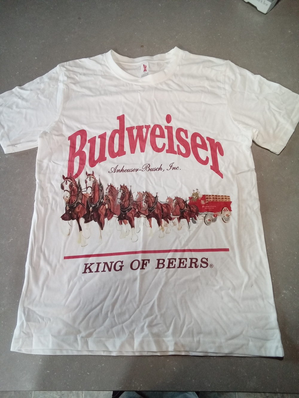 New. Budweiser White Tee with Red Logo and Clydesdales